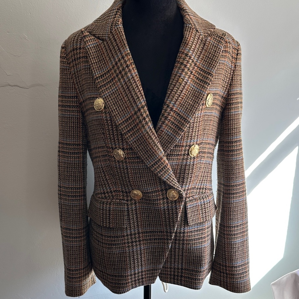 Boston Proper Brown Plaid Double-Breasted Blazer